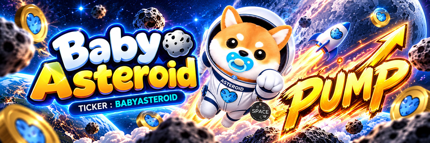 Baby Asteroid banner. Ticker BABYASTEROID. The astronaut pup flies past asteroids and gold coins.