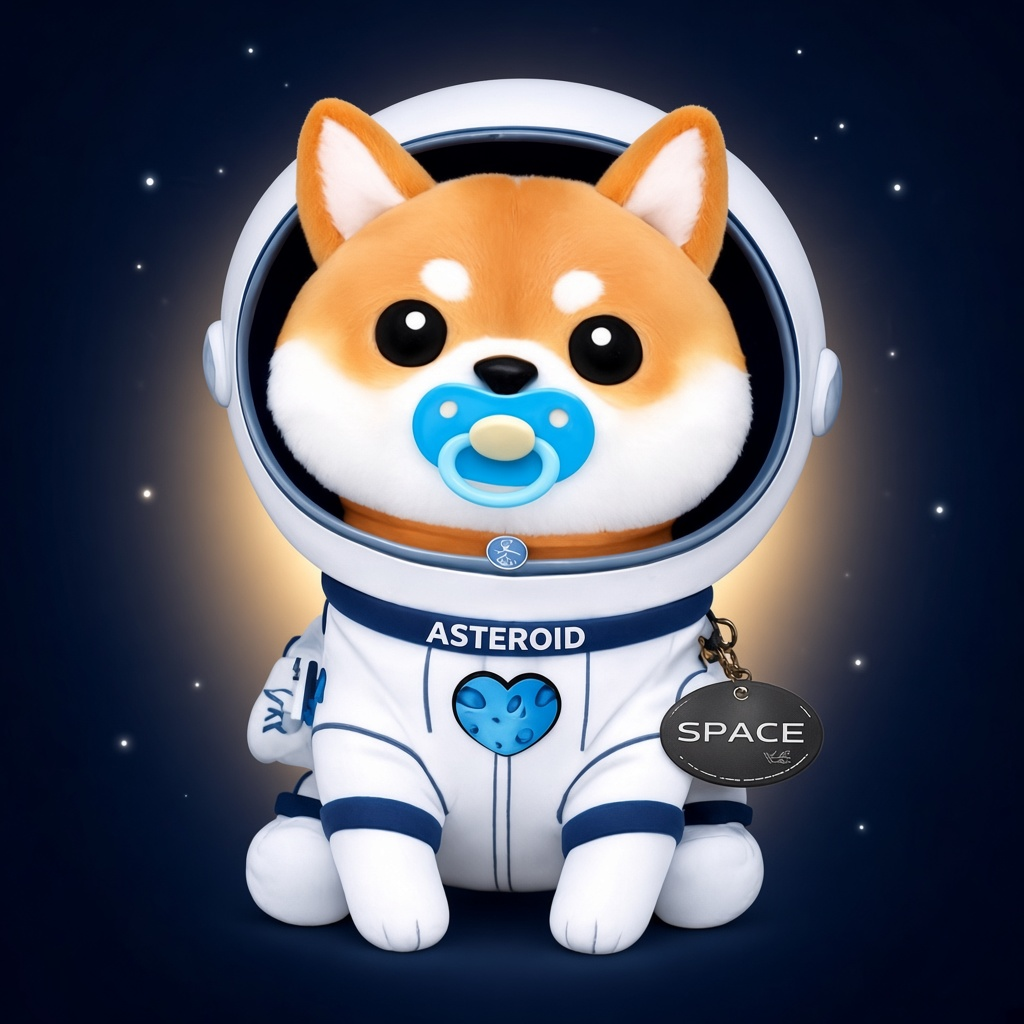 Baby Asteroid, a Shiba Inu astronaut with a blue pacifier and a space helmet