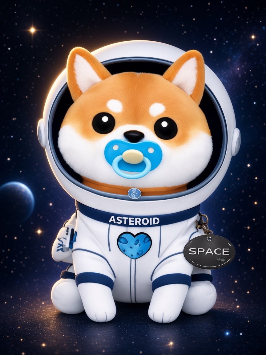 Baby Asteroid sitting in a white spacesuit against a star field